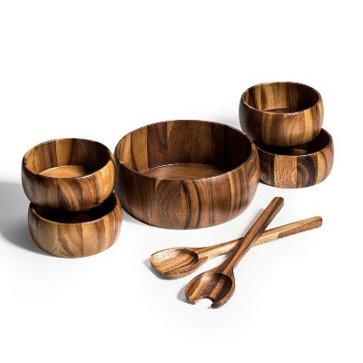 Kalmar Home 10-Inch Acacia Wood Large Dragor Salad Bowl with 4 Individuals