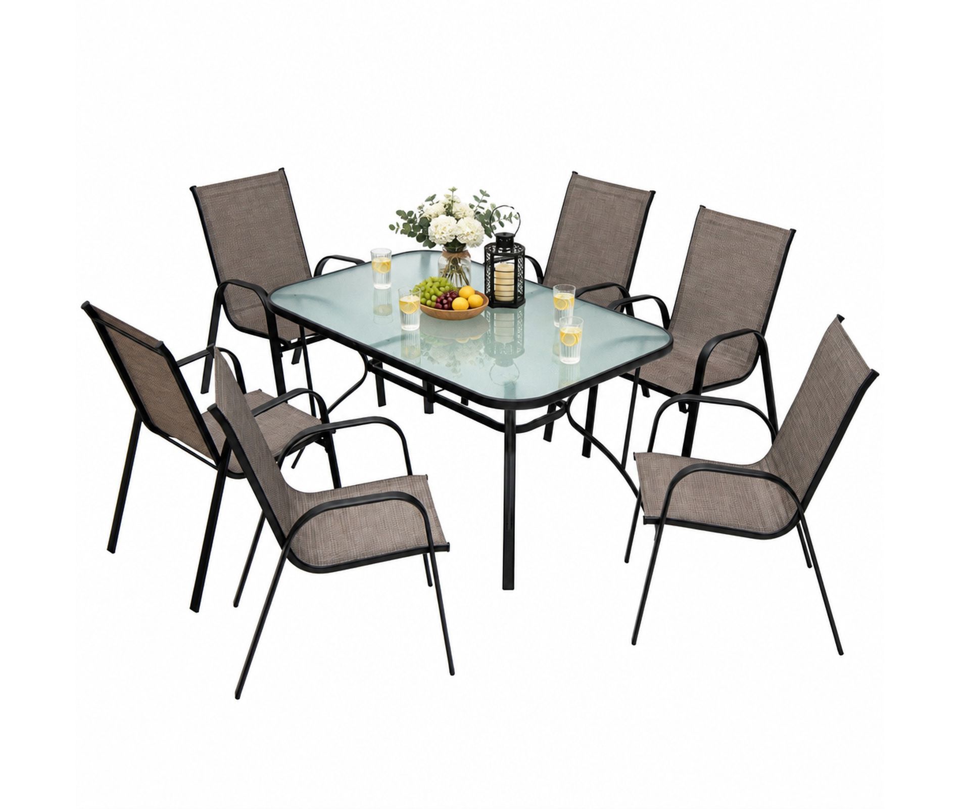 Rectangular Tempered Glass Patio Dining Table with Umbrella Hole for Outdoor Backyard 55 x 35 Inch