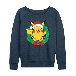 Women's - Pokémon - Pikachu Lights Wreath Lightweight French Terry Wide Neck Long Sleeve Graphic Shirt - 1 of 4