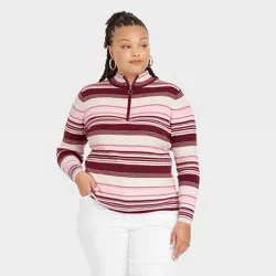 Women's Plus Size Mock Turtleneck Pullover Sweater - Ava & Viv™ Pink Striped 1X