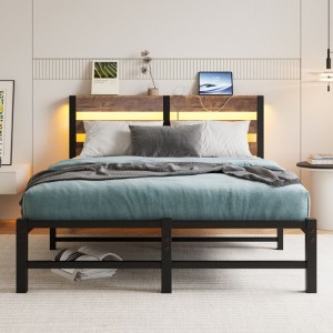 Full Size Metal Bed Frame with Wooden Headboard, RGB Lights, Charger, Storage Shelf, Noise-Free, No Box Spring Needed,Rustic Brown - 1 of 4