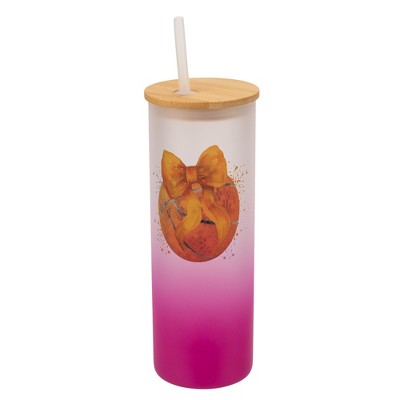 Elanze Designs 25 Ounce Frosted Glass Gradient Travel Tumbler With Straw and Wooden Lid, Basketball With Orange Bow Pink