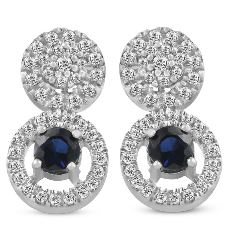 Pompeii3 5/8 ct Diamond & Blue Sapphire Halo Drop Studs Womens Earrings 10k White Gold, 1 of 6