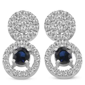 Pompeii3 5/8 ct Diamond & Blue Sapphire Halo Drop Studs Womens Earrings 10k White Gold