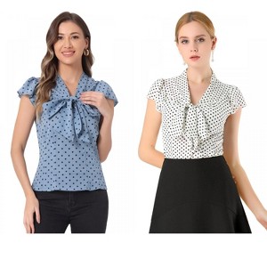 INSPIRE CHIC Women's Polka Dots Tie V Neck Flutter Cap Sleeve Blouse 2 Packs - 1 of 4