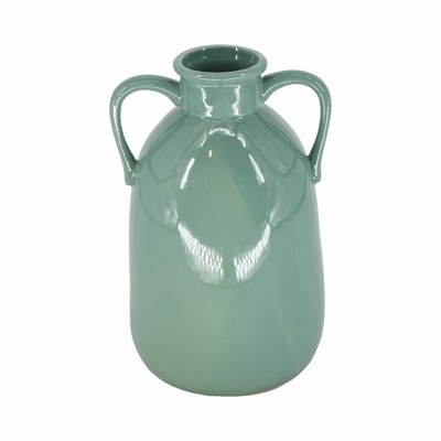 Dark Sage Ceramic Vase with Dual Handles, 10"