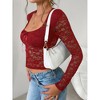 Women's Sheer Floral Lace Long Sleeve Crop Top - Sweetheart Neckline with Bow Accent - 4 of 4