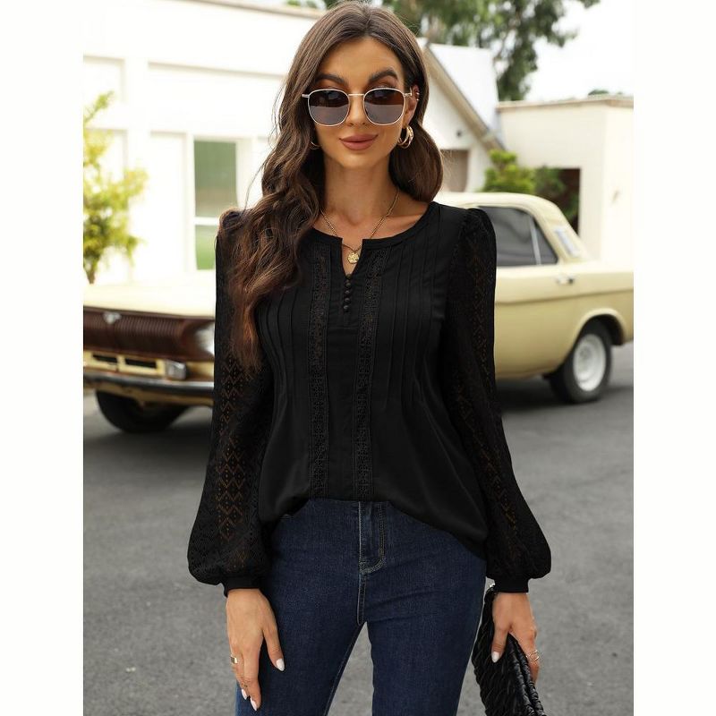 Women’s Crewneck Lace Crochet Eyelet Tops Long Sleeve Pleated T Shirts Casual Tunic Blouses, 2 of 7