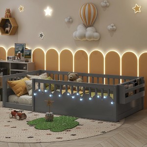 Twin Size Floor Bed Frame with High Rails, Light and Storage Shelf - 1 of 4