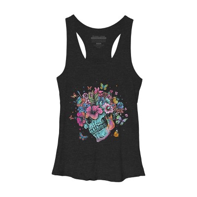 Women's Design By Humans Floral Butterfly Skull Funny Halloween Costume Hippie Flower By JeilJersey Racerback Tank Top