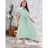 Plus Size Shirt Dress Women Summer Short Sleeve Maxi Dress with Belt Side Slit - 2 of 4