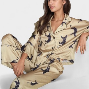 Anna-Kaci Lounge Women's Cat Print Satin Pajama Set Long Sleeve Button-Up Top with Elastic Waist Full-Length Pants - 1 of 4