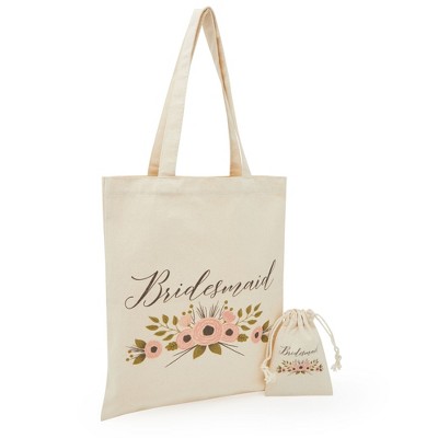 Juvale Bridal Party Bridesmaid Set - 1 Canvas Tote Gift Bag (12x14 in) & 1 Drawstring Pouch (4x6 in)