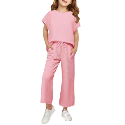 Mocamel Girl's Sports Simple Texture Casual Round Neck Short Sleeves and Loose Pant 2 piece Set