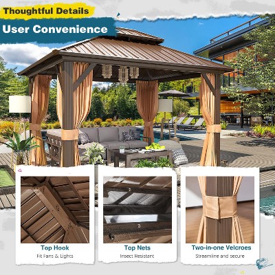 10' x 12' Brown Metal Hardtop Gazebo with Curtains and Nettings