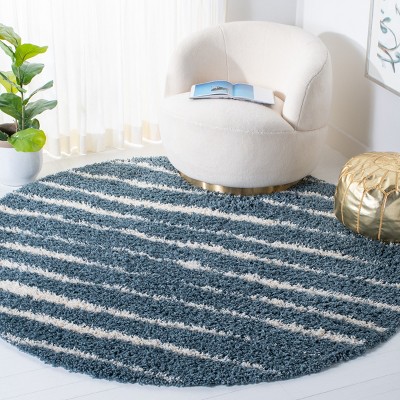 Venus Turquoise and Ivory Round Shag Rug, 6'7" Synthetic