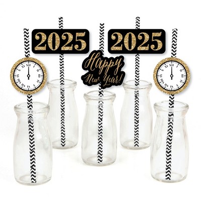 Big Dot of Happiness New Year's Eve - Gold Paper Straw Decor - 2025 New Years Eve Party Striped Decorative Straws - Set of 24