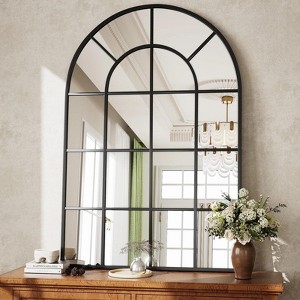 BEAUTYPEAK 36" x 24" Arched Windowpane Mirror Decor Wall Mirror, Black - 1 of 4