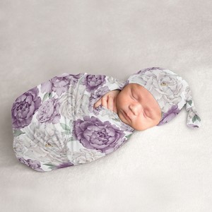 Sweet Jojo Designs Girl Baby Cocoon and Beanie Hat Swaddle Wrap Peony Floral Garden Lavender Purple and Ivory 2pc - 1 of 4