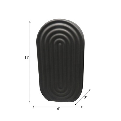 11" Black Ridged Oval Ceramic Table Vase