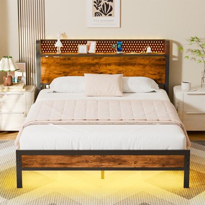 Furnulem Bed Frame with LED Lights,Headboard with Charging Station and USB Port,Upholstered Platform Bed frame Metal Support,No Box Spring Needed