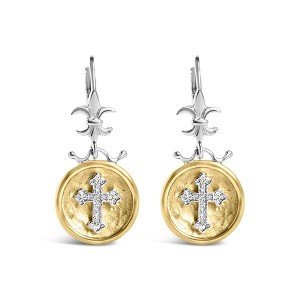 Haus of Brilliance 18K Yellow Gold Plated Silver 1/8 Ct Diamond Medallion with Cross Drop Earrings - 1 of 4