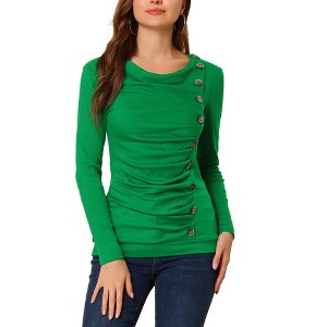 Allegra K Women's Cowl Neck Long Sleeves Buttons Decor Solid Ruched Top - 1 of 4