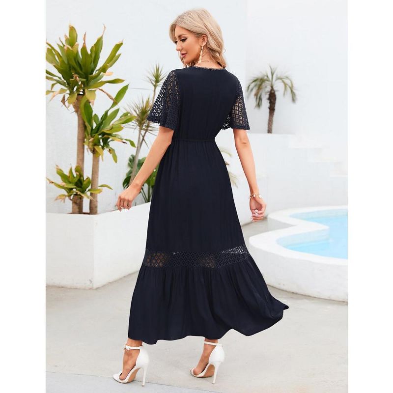 WhizMax Women's Lace Short Sleeve Maxi Dress V Neck High Elastic Waist Casual Flowy Beach Dress, 4 of 6