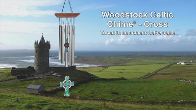 Teak Finish Pine and Silver Celtic Cross Wind Chime