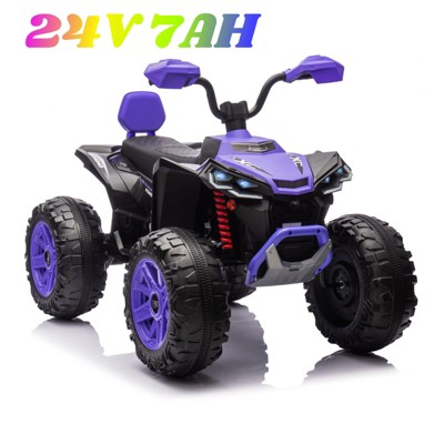 24 Volt Kids ATV Ride-On, Electric Quad 4 Wheeler with Leather 2-Seater, Ride on Toys for Big Kids with LED Lights, Music, High Low Speed