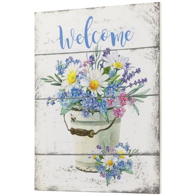 Whitewashed Wood Spring Floral Welcome Wall Sign - 16"