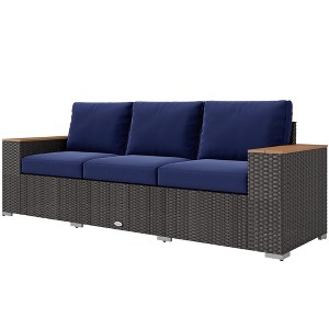 3-Seat Outdoor Patio Sofa with Cushions, PE Rattan Wicker Sofa with Wide Armrests, Outdoor Wicker Couch - 1 of 4