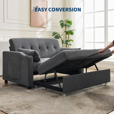 homfan 3-in-1 Convertible Sofa Bed with Pull-Out Sleeper & USB, Futon Couch for Small Spaces, Living Room, RV - Lounge Recliner