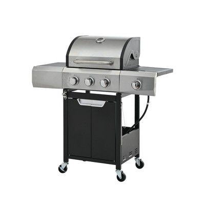 3-Burner Propane Gas Grill in Stainless Steel with Side Burner and Condiment Rack, and Built-in Thermometer