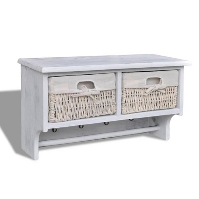 Aghana Digitals Wall-Mounted White Paulownia Wood Coat Stand with 4 Hooks & 2 Baskets - Matte