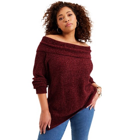 June Vie by Roaman s Women s Plus Size Chenille Off The Shoulder Sweater 22 24 Rich Burgundy