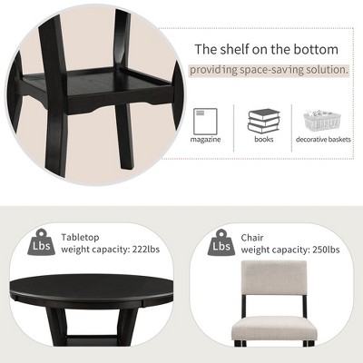Espresso Round 5-Piece Dining Set with Beige Upholstered Chairs
