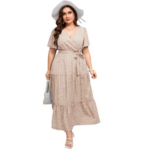 BLUEMING Plus Size Womens Dresses Floral Surplice A-Line Maxi Dress Waist Belted Floral Maxi Dress Wasit Tie Bell Sleeve Dress - 1 of 4