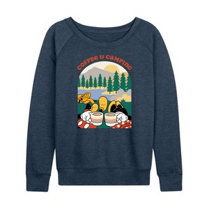 Women's - Disney - Coffee And Camping Lightweight French Terry Wide Neck Long Sleeve Shirt - 1 of 4