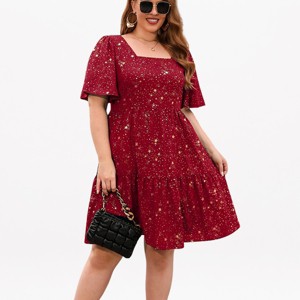 YESFASHION Plus Size Dress Womens Short Sleeve Square Neck Tiered Star Print Mini Dress For Casual Summer Vacation Outfits，Red，3X : Target