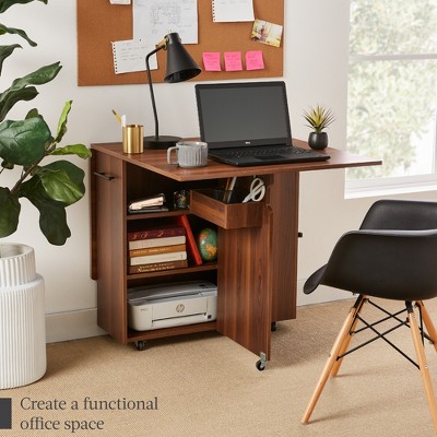 Brown Multipurpose Folding Table with Wheels and Storage Shelves