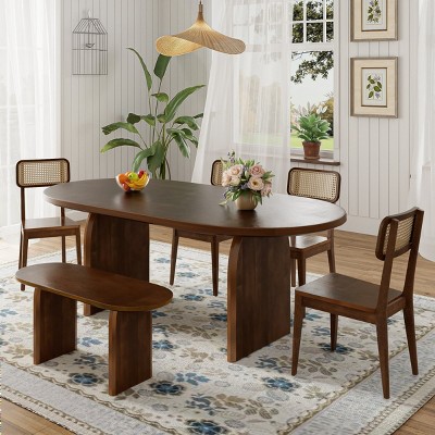 Modern Wooden Dining Set for 6 Oval 71" Dining Table with 4 Rattan Back Dining Chairs and 38" Bench-Tanpinhause