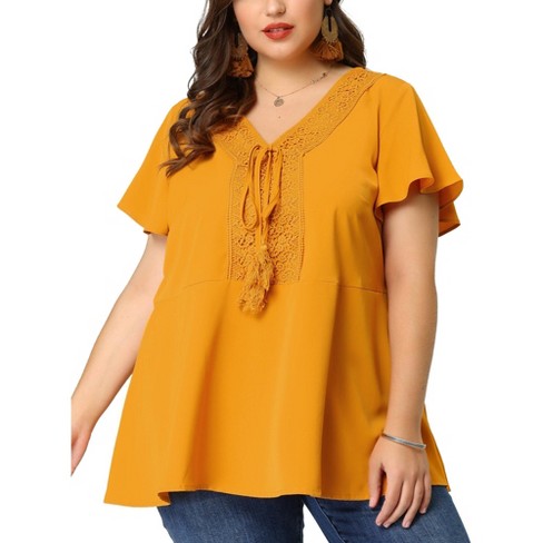 Agnes Orinda Women's Plus V Neck Lace Front Self Tie Boho Casual Tops  Yellow 1X