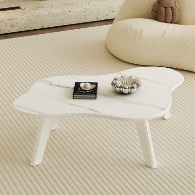 MAYEERTY Modern White Imitation Marble Coffee Table - Solid Wood Cloud Legs, Computer Desk.