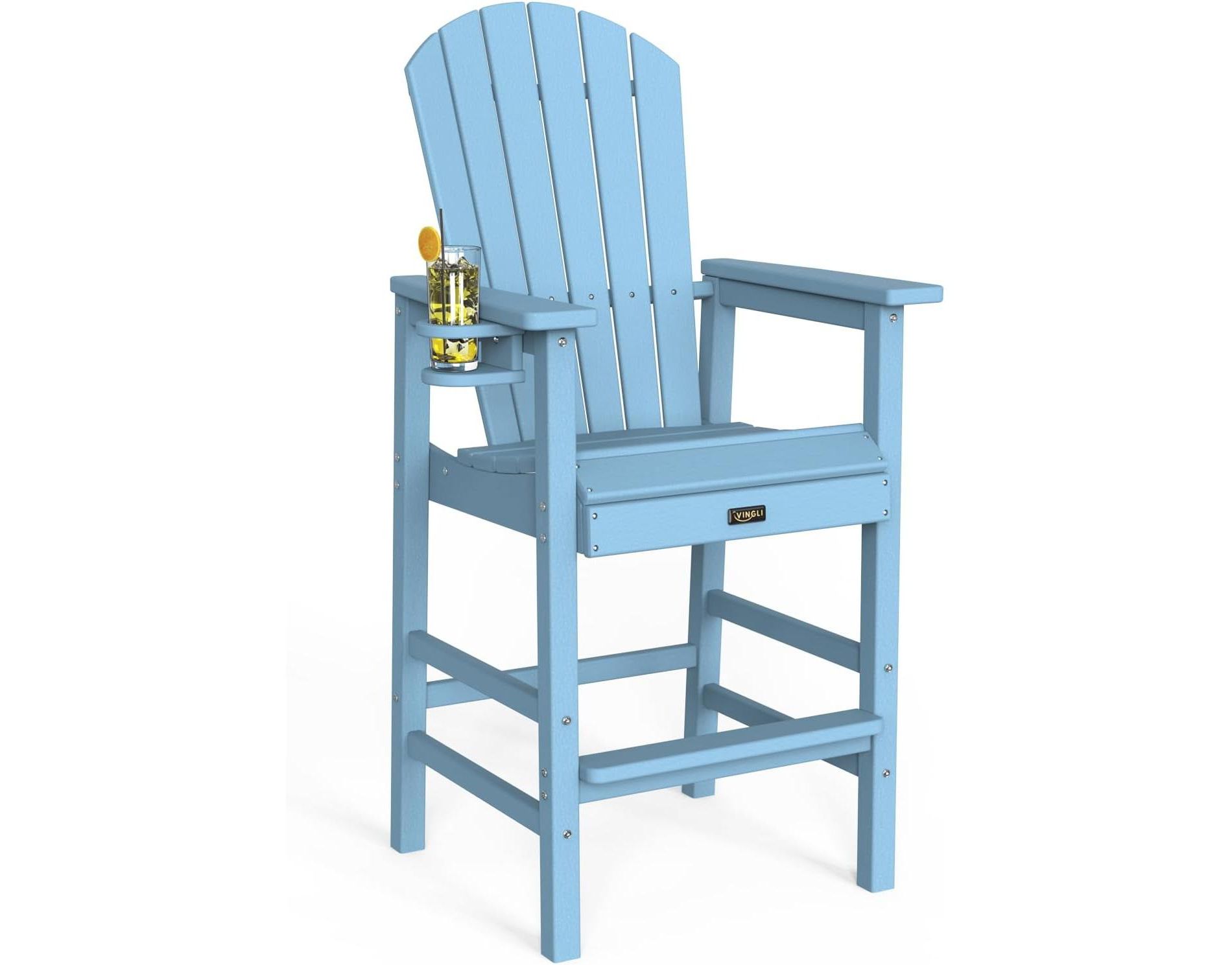 VINGLI Tall Adirondack Chair HDPE Adirondack Bar Stools with Cup Holder 1 PC, Poly Deck Chairs Outdoor Bar Stools, 350LBS (Blue, 1 PCS)