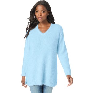 Roaman's Women's Plus Size V Neckline Eyelash Sweater - 1 of 4