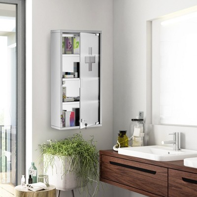 Wall Cabinet With 4 Tier Shelves, Glass Door, 2 Keys, Stainless Steel Frame, Lockable Wall Mounted Cabinet For Home, Apartment