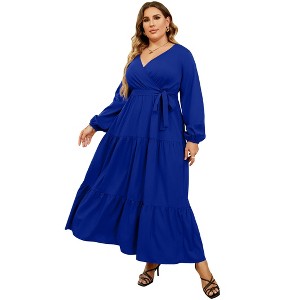 Women Plus Size V Neck Wrap Maxi Dress High Waist Ruffle Summer Casual Dress with Belt Long Sleeve,navy blue yellow flower - 1 of 4