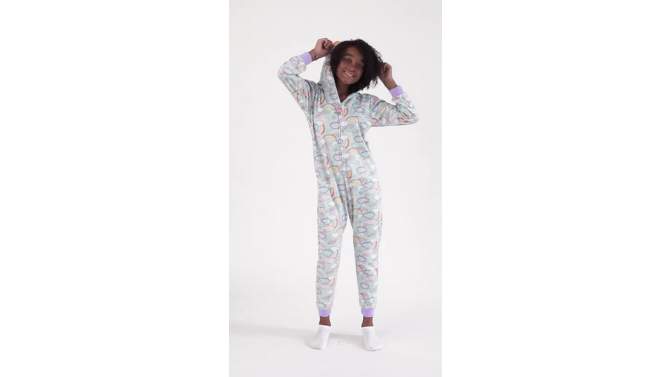 Sleep On It Girls Clouds & Rainbows Zip-Up Hooded Sleeper Pajama with Built Up 3D Character Hood, 2 of 9, play video