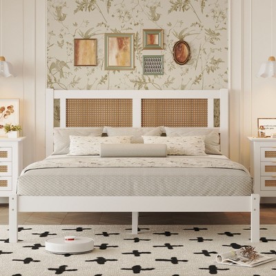 CAVINAS Full/Queen Size Elegant Wood Platform Bed Frame with Natural Rattan Headboard,No Box Spring Needed
